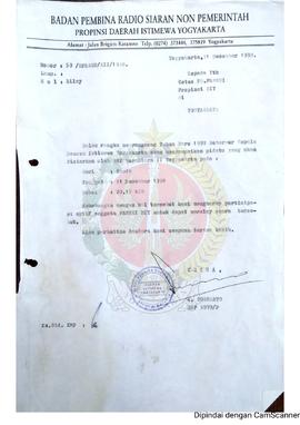Surat dari Ketua Badan Pembina Radio Siaran Non Pemerintah Provinsi Daerah Istimewa Yogyakarta ke...