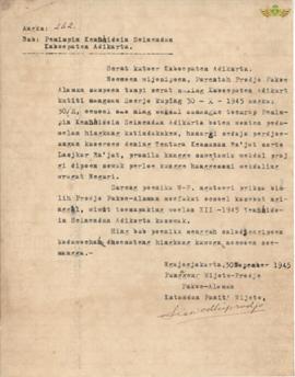 Surat dari Pembesar Wiyata Praja Pakualaman No: 262, kepada  Kabupaten Adikarta, tentang  Laporan...