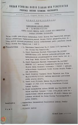 Surat rekomendasi untuk perpindahan lokasi studio Nomor : 31/BPRSNP/VII/1992 yang memberikan reko...