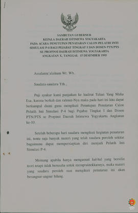 Teks Sambutan Gubernur Kepala DIY pada acara Penutupan Penataran Calon Pelatih Inti Simulasi P4 b...