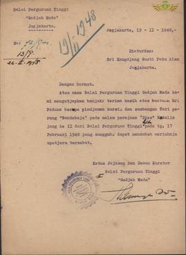 Surat dari Balai Tinggi ”Gajah Mada” Jogjakarta kepada Paku Alam VIII , tanggal  19 Pebruari 1948...