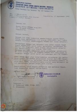 Surat dari Ketua Pengurus Daerah Persatuan Radio Siaran Swasta Nasional Indonesia Provinsi Daerah...