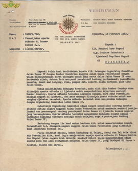 Surat dari Ketua I Organizing Comite Asian Games IV, kepada JM. Menteri Luar Negeri RI tanggal 13...