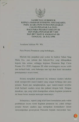 Teks sambutan Gubernur Kepala Daerah Istimewa Yogyakarta pada acara penutupan penataran calon pen...