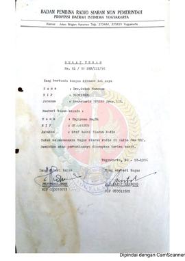 Surat tugas dari Sekretaris Badan Pembina Radio Siaran Non Pemerintah Provinsi Daerah Istimewa Yo...