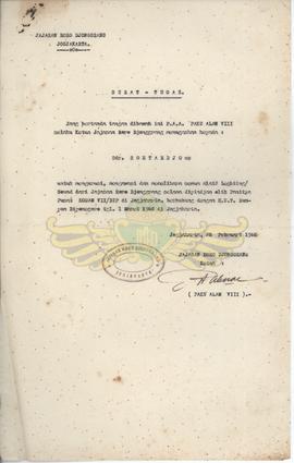 Surat tugas dari Yayasan Rarajongrang kepada Sdr. Sutarja cs untuk mengawasi semua alat yang dipi...