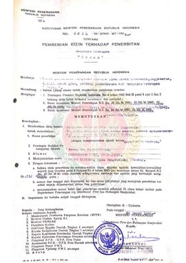 Keputusan Menteri Penerangan Republik Indonesia Nomor : 0234/SK/DPHM/SIT/1966 tentang pemberian I...