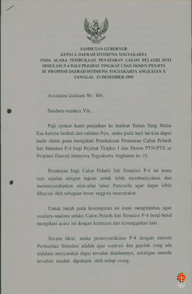 Teks Sambutan Gubernur Kepala DIY pada acara Pembukaan Penataran Calon Pelatih Inti Simulasi P4 b...