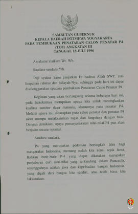 Teks sambutan Gubernur Kepala Daerah Istimewa Yogyakarta pada acara pembukaan penataran calon pen...