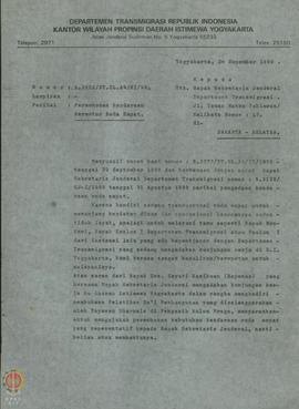 Surat dari Pjs. Kepala Kantor Wilayah Departemen Transmigrasi Provinsi DIY kepada Sekertaris Jend...
