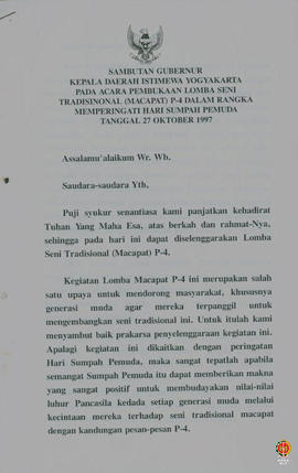 Teks sambutan Gubernur Kepala DIY pada acara pembukaan lomba Seni Tradisional Macapat P4 dalam ra...