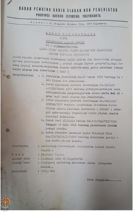 Surat rekomendasi Ketua Badan Pembina Radio Siaran Non Pemerintah Provinsi Daerah Istimewa Yogyak...