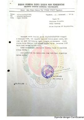 Surat dari Ketua Badan Pembina Radio Siaran Non Pemerintah Provinsi Daerah Istimewa Yogyakarta ke...
