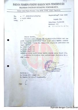 Surat dari Ketua Badan Pembina Radio Siaran Non Pemerintah Provinsi Daerah Istimewa Yogyakarta ke...