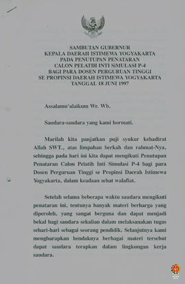 Teks Sambutan Gubernur Kepala DIY pada acara Penutupan Penataran Calon Pelatih Inti Simulasi P4 b...