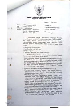 Surat dari Bawaslu kepada Ketua  Panwaslu Provinsi Daerah Istimewa Yogyakarta perihal pengawasan ...