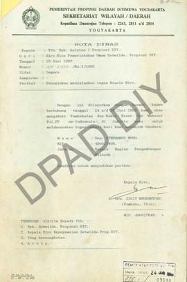 Nota Dinas dari Kepala  Biro Pemerintahan Umum Setwilda Propinsi DIY, Drs. Sigit Wruhantoro, tent...