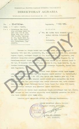 Surat Kepala Direktorat Agraria Propinsi DIY kepada Sri Paduka Wakil Gubernur Kepala DIY tentang ...