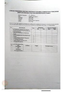 lembar Pengendalian dan Verifikasi Dokumen Administrasi Pencairan Bantuan Rehabilitasi dan Rekons...