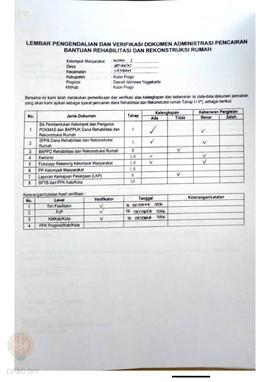 lembar Pengendalian dan Verifikasi Dokumen Administrasi Pencairan Bantuan Rehabilitasi dan Rekons...