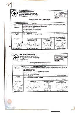 Surat otorisasi/bukti pembayaran biaya operasional perjalanan dinas PMI DIY ke Cabang Bantul Perd...