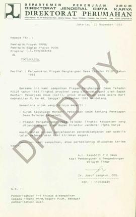 Surat dari Direktorat perumahan kepada pemimpin bagian proyek P2DN Propinsi DIY tentang penyampai...