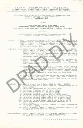 Surat Keputusan Kepala Kantor Wilayah Badan Pertanahan Nasional Provinsi DIY. No : 755/SK / HP / ...