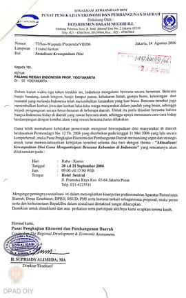 Undangan terkait sosialisasi kewaspadaan diri, pemberian bantuan paket gempa Jogja, dan rapat eva...