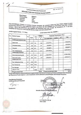 Laporan Kemajuan Pekerjaan Rehabilitasi dan Rekonstruksi rumah,  Nama Kelompok Masyarakat Bobok 1...