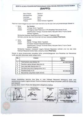 Berita Acara Penarikan/Penggunaan Dana Rehabilitasi/Rekonstruksi Rumah (BAPPD) Rusak Ringan, Nama...