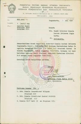 Laporan Hasil Evaluasi Kegiatan Permainan Simulasi P-4 selama Tahun Anggaran 1992/1993 dari Kepal...