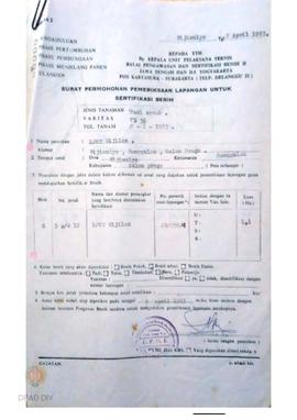 Surat Permohonan pemeriksaan Lapangan untuk  Sertifikasi Benih, Varitas PB 36, April 1983 ditujuk...