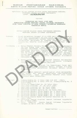 Surat Keputusan Kepala   Kantor Wilayah Badan Pertanahan Nasional Provinsi DIY. No : 741 /SK / HP...