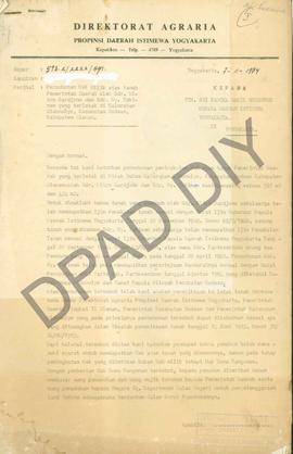 Surat Kepala Direktorat Agraria Propinsi DIY kepada Sri Paduka Wakil Gubernur Kepala DIY tentang ...