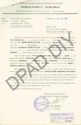 Surat Kepala Direktorat Agraria Propinsi DIY kepada Sri Paduka Wakil Gubernur DIY tentang Permoho...