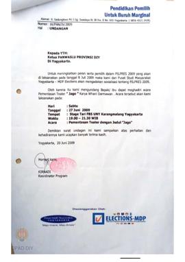 Undangan dari Pusat Studi Masyarakat / PSM kepada  Ketua  Panwaslu Provinsi DIY perihal pementasa...