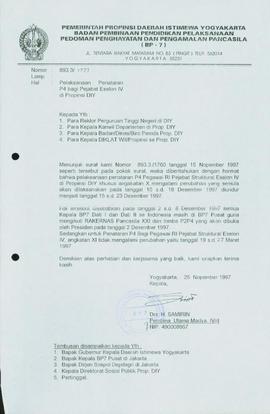 Surat dari  Kepala  Badan Pembina Pendidikan Pelaksanaan Pedoman Penghayatan dan Pengamalan Panca...