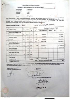 Laporan Kemajuan Pekerjaan Rehabilitasi dan Rekonstruksi rumah,  Nama Kelompok Masyarakat Kalidad...