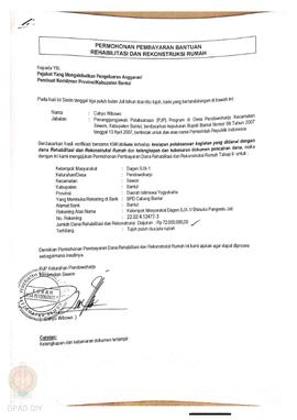 Permohonan Pembayaran Bantuan Rehabilitasi dan Rekonstruksi Rumah, Nama Kelompok Masyarakat Dagen...