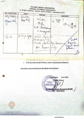 Surat dari Kepala Dinas Kesehatan Provinsi DIY, sehubungan dengan bencana gempa bumi memohon bant...