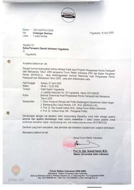 Undangan Seminar Diseminasi Hasil Pengawasan Pemilu   Partisipasif oleh Mahasiswa Tahun 2009 dari...