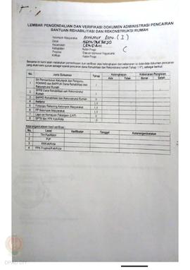 lembar Pengendalian dan Verifikasi Dokumen Administrasi Pencairan Bantuan Rehabilitasi dan Rekons...