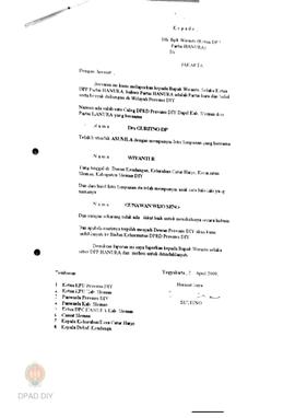 Surat tentang pelaporan Caleg DPRD Provinsi DIY Dapil Sleman dari Partai Hanura Drs. Guritno DP k...