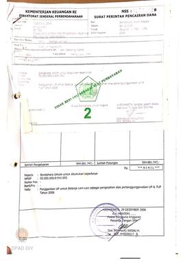 Surat Perintah Pencarian Dana kepada Bendahara Umum untuk dibukukan seperlunya perihal Penggantia...