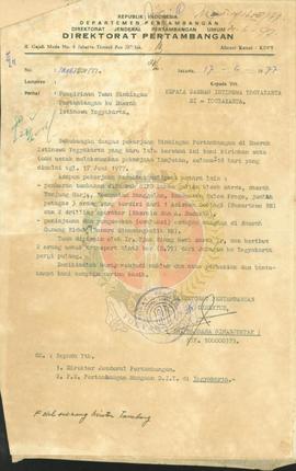 Pengiriman tim bimbingan pertambangan 3 orang ke DIY mulai 17 Juni 1977 untuk pembinaan di daerah...