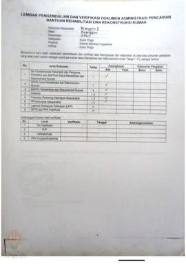 lembar Pengendalian dan Verifikasi Dokumen Administrasi Pencairan Bantuan Rehabilitasi dan Rekons...