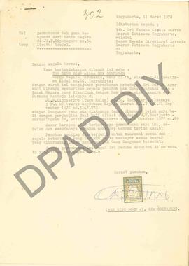 Surat Ton Bing Goen alias Edy Goenawan kepada Wakil Gubernur DIY melalui Kepala Direktorat Agrari...
