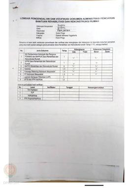 lembar Pengendalian dan Verifikasi Dokumen Administrasi Pencairan Bantuan Rehabilitasi dan Rekons...