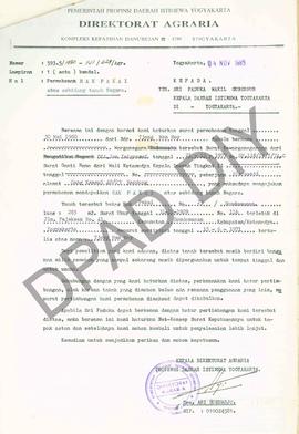 Surat Kepala Direktorat Agraria Propinsi DIY kepada Sri Paduka Wakil Gubernur DIY tentang Permoho...