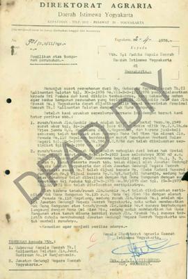 Surat Kepala Direktorat Agraria DIY. kepada Sri Paduka Kepala Daerah DIY. tentang permohonan  Gub...